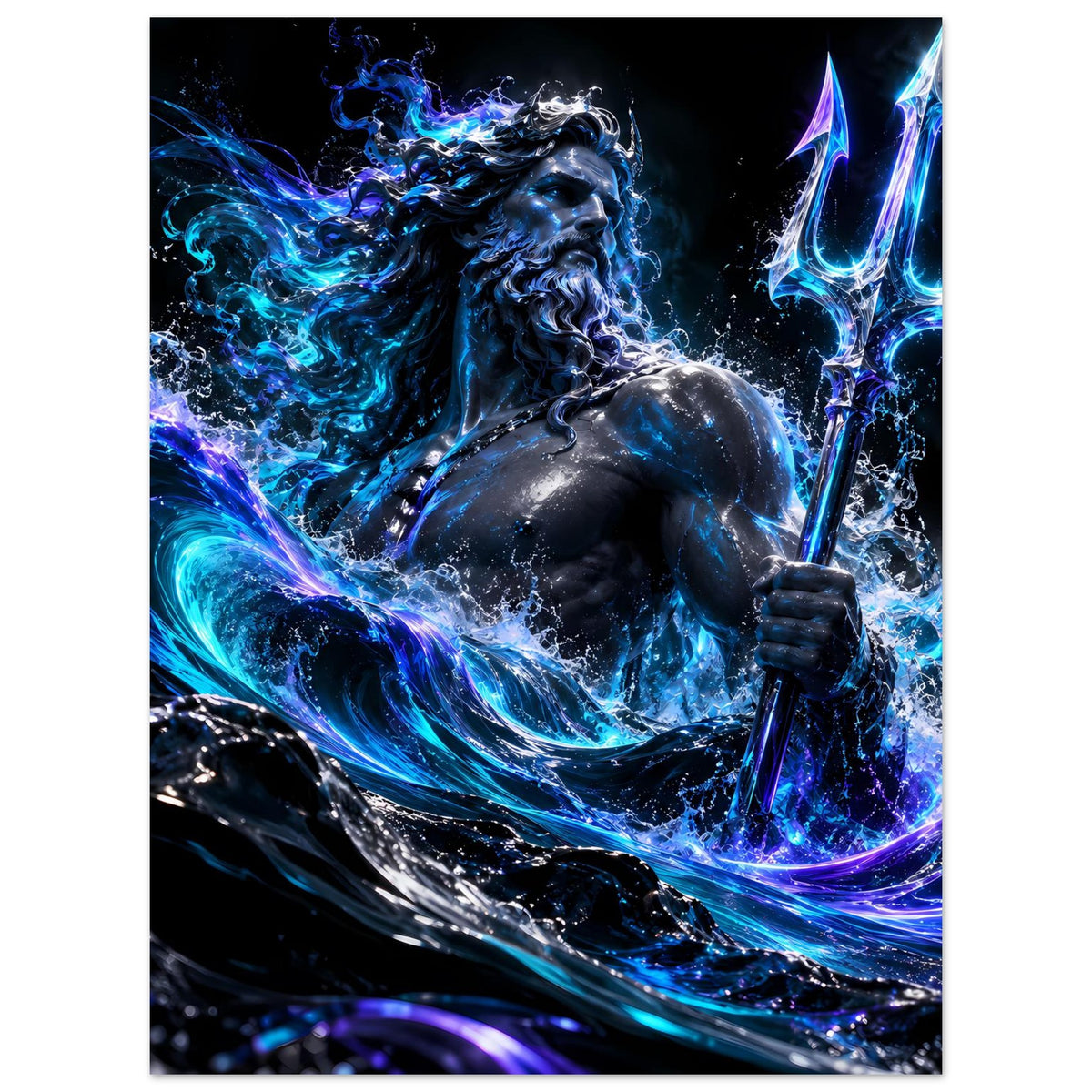 Hochformat-Poster: Poseidon-Figur mit Dreizack, leuchtendes Ozeanblau, Sprühende Fluten