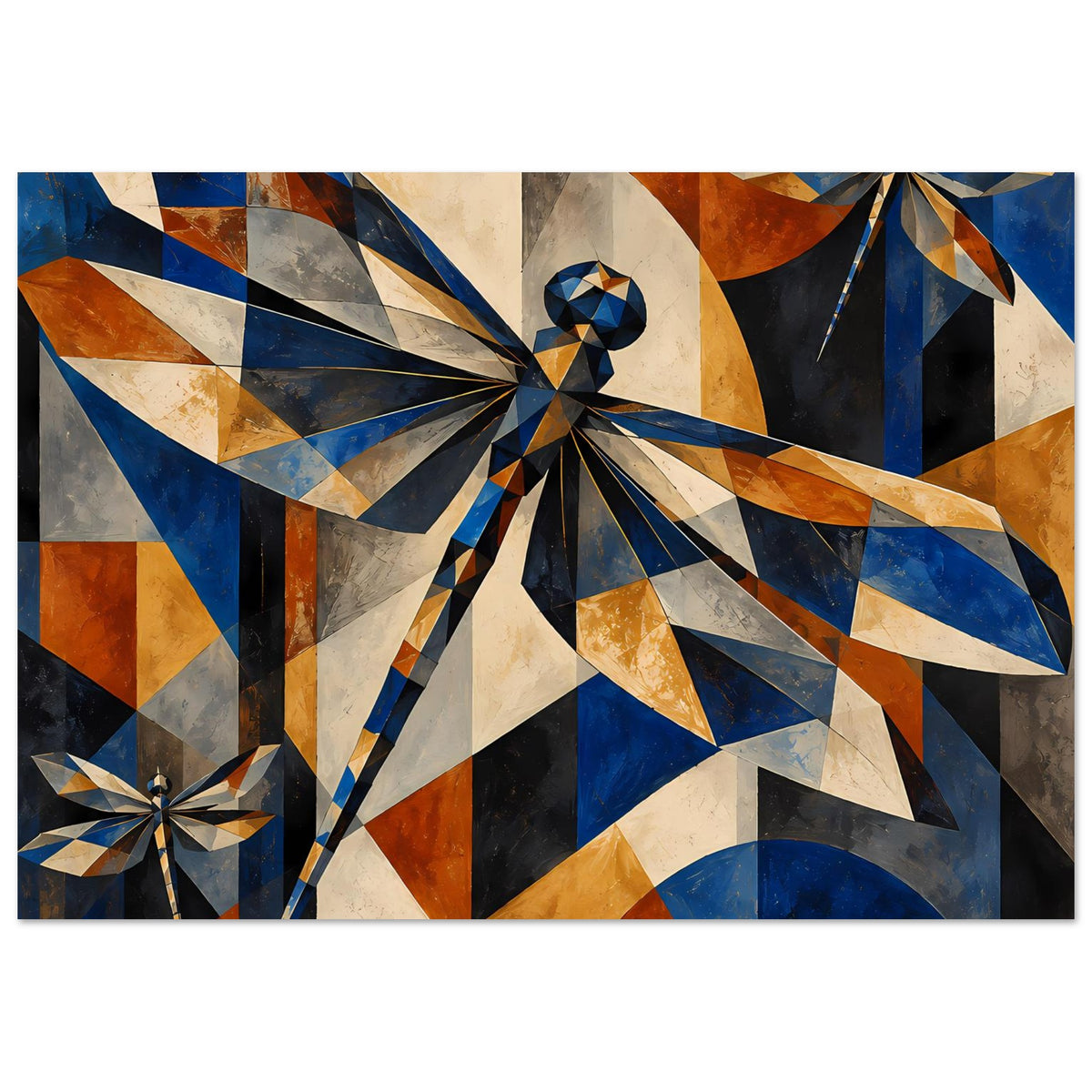 Kunstposter mit geometrischer Libelle aus Dreiecken, blaues und kupferfarbenes Farbkonzept