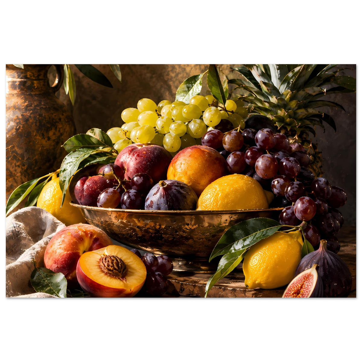 Obststillleben-Poster: Trauben in Schale mit Zitrusfrucht und Pfirsichstücken