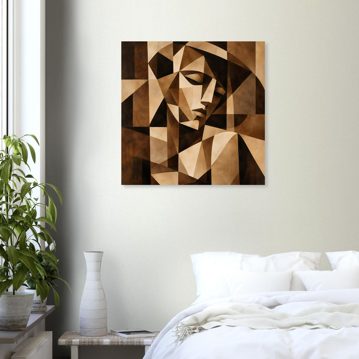 Kubistisches Kunstposter mit abstraktem Porträt aus Dreiecken in Braun und Beige