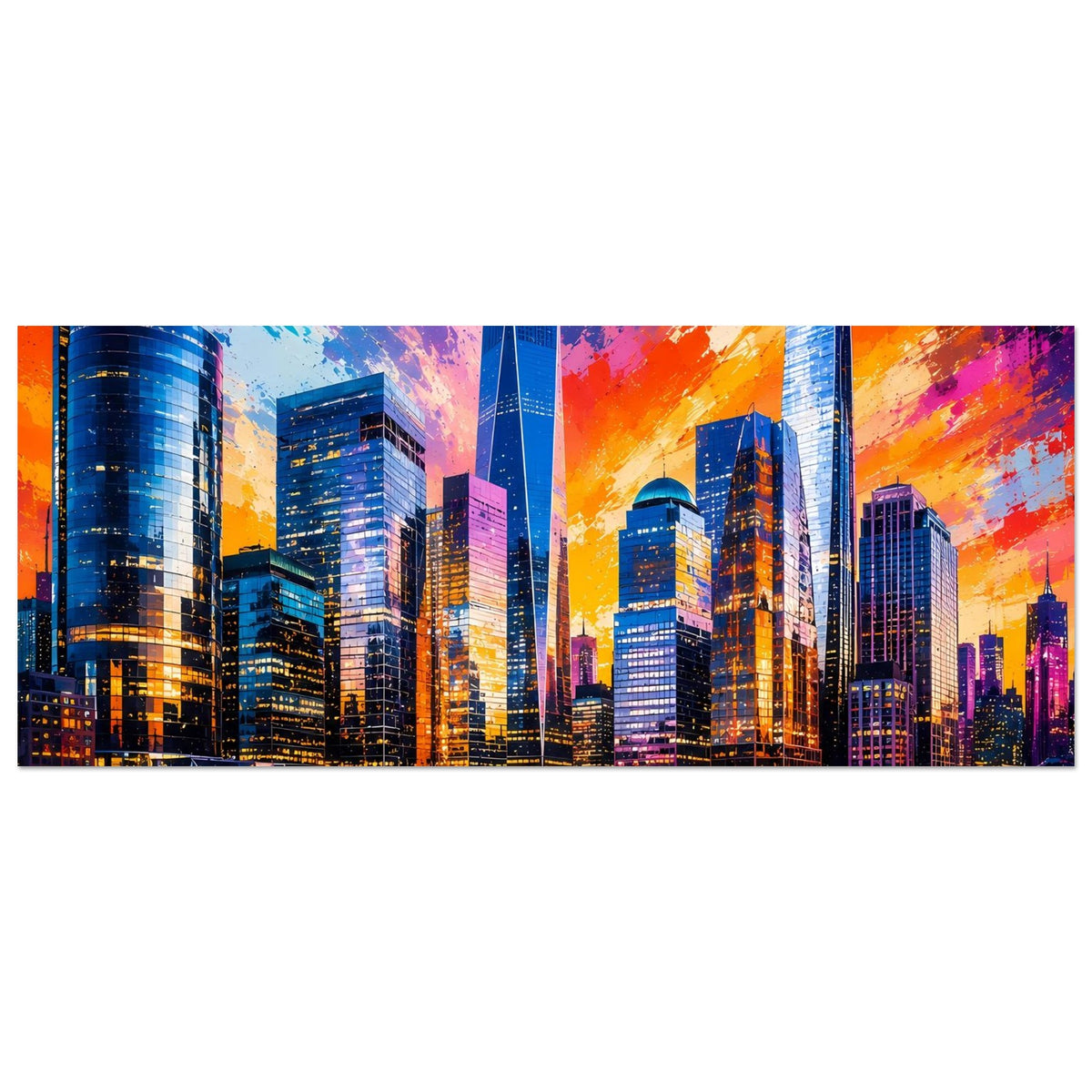 Horizontales Skyline-Poster mit Sonnenuntergangsfarben, mehrere Wolkenkratzer und Spiegelbild im Wasser
