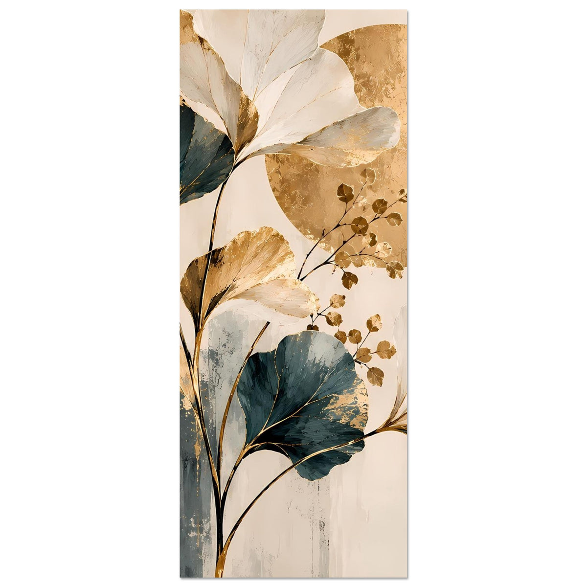 Hochkant-Poster mit Ginkgoblättern und goldener Sonnenscheibe, beige und blaugrün