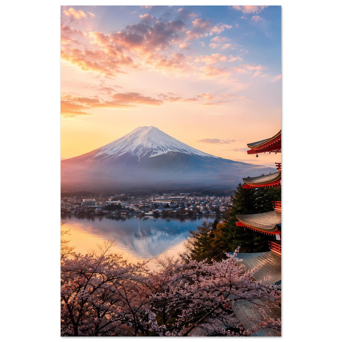 Landschaftsposter mit Fuji und Kirschblüten, Pagode am Rand, See mit Sonnenuntergangshimmel