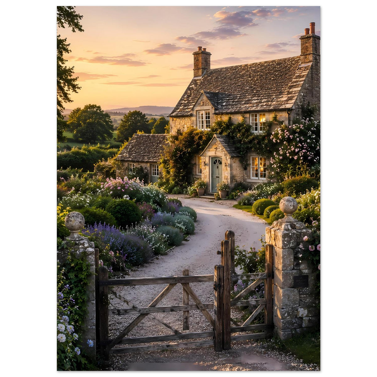 Posterbild: Cottage mit Steinfassade, Blumenbeeten, Kiesweg und Holztor