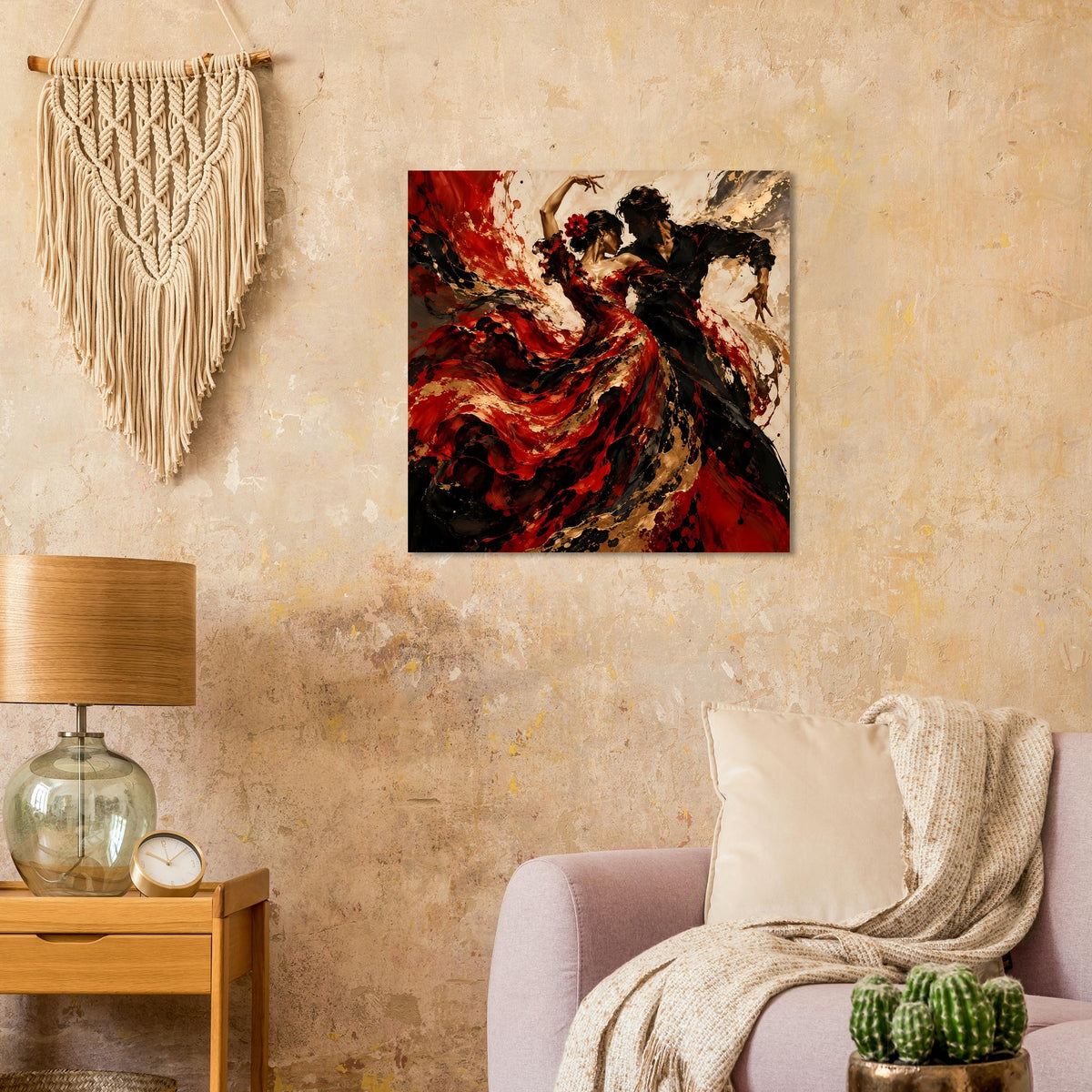 Wandposter mit Flamenco-Tänzerin, roter Schwinge und schwarzer Silhouette