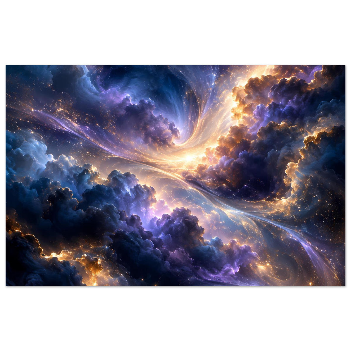 Galaxieposter im Querformat mit schwarzer Umrandung, leuchtender Sternen- und Nebelhimmel
