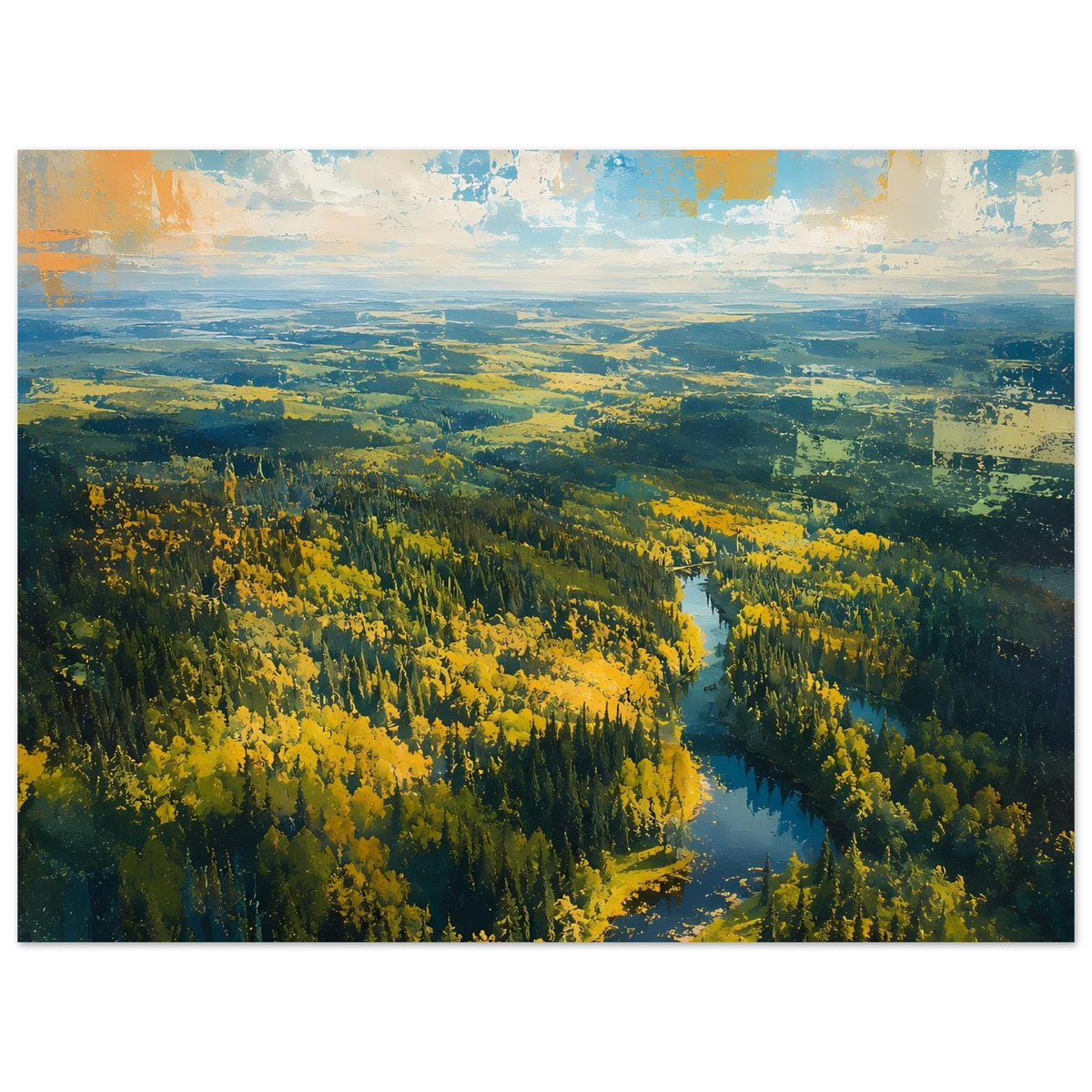 Querformat-Poster mit goldenem Herbstwald und Fluss in grüner Hügellandschaft