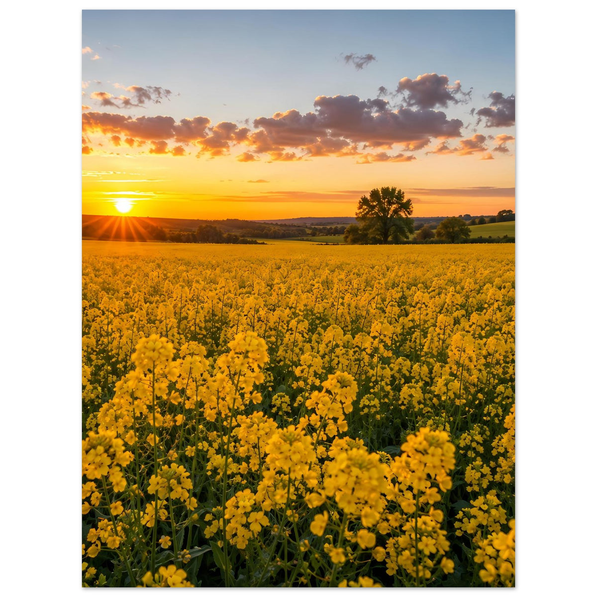 Landschaftsposter mit gelbem Blumenfeld im Sonnenuntergang, Sonne im linken Bildbereich