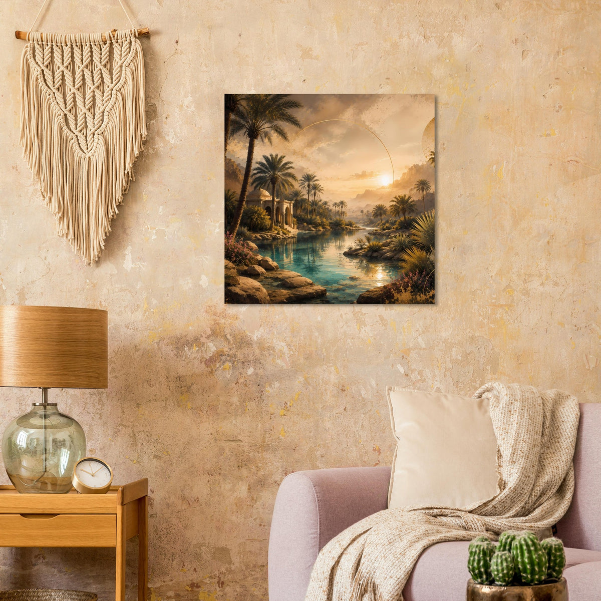 Gerahmtes Wandposter mit Palmenallee und Fluss im warmen Licht des Sonnenuntergangs