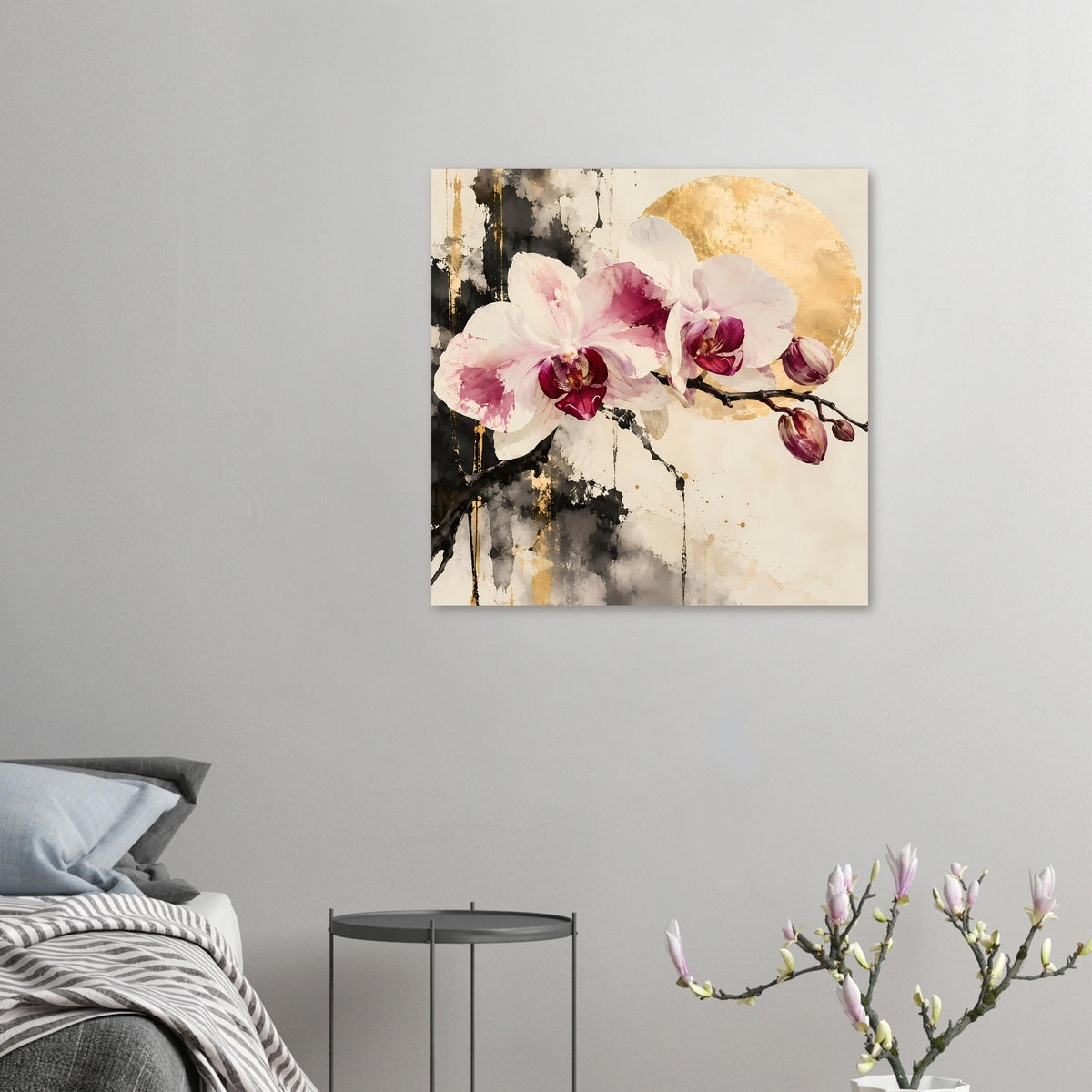Orchideenblüten mit goldenen Akzenten, abstraktes Blumenposter