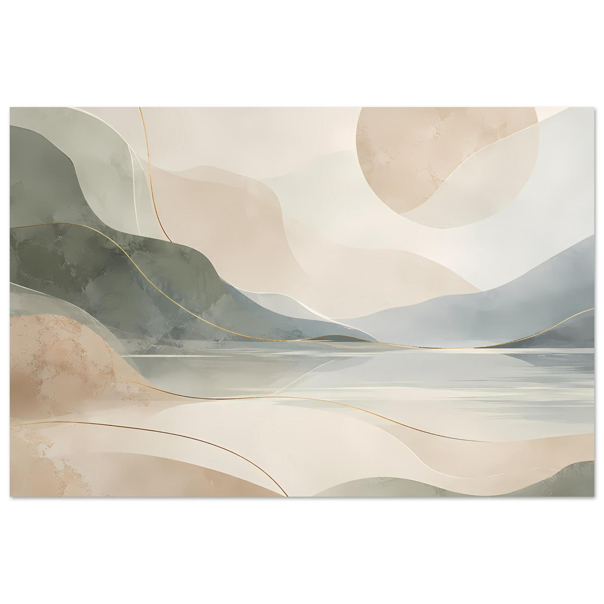 Abstraktes Poster, horizontale Berg- und Seeabstraktion in Beige, Grau-Grün, goldene Linien