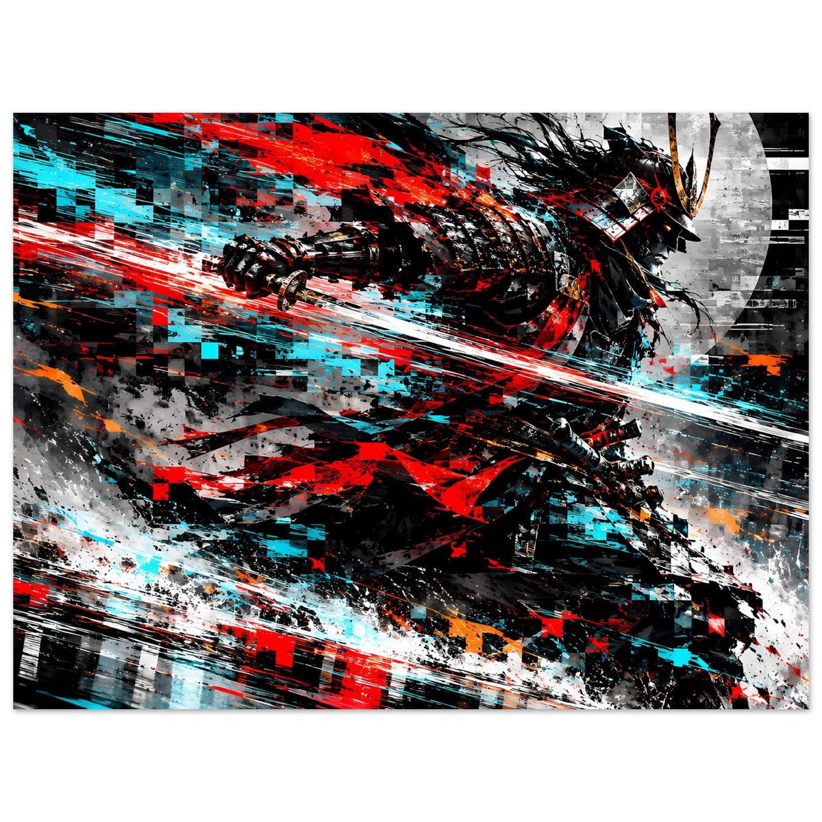 Querformat-Actionposter mit Samurai-Kopf, dynamischer Linienoptik in Rot und Cyan