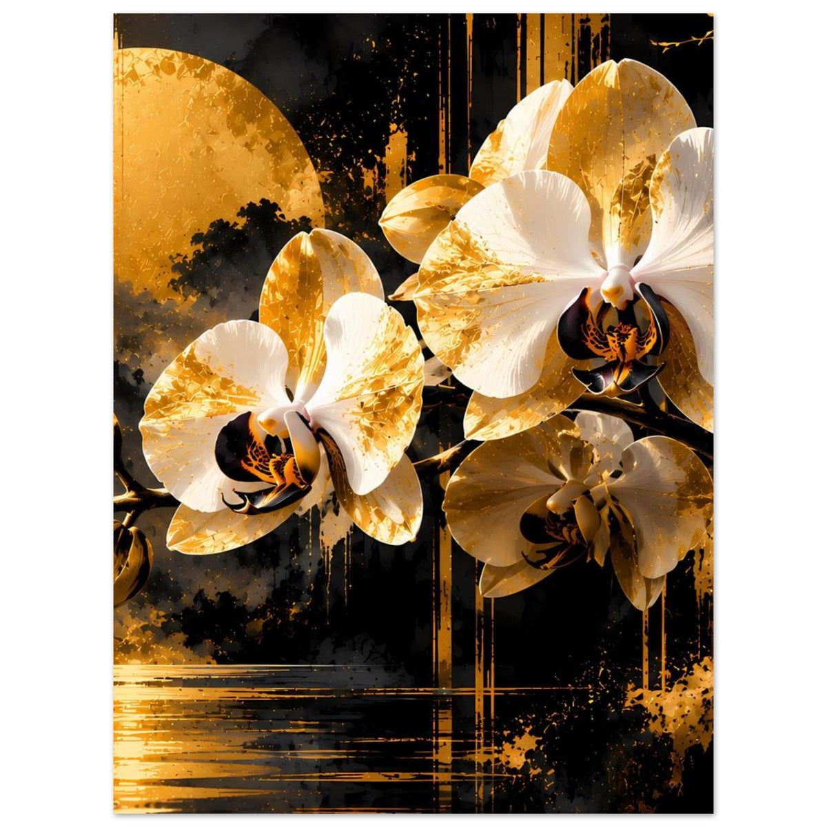 Blumenposter mit goldenen und weißen Orchideenblüten vor dunklem Hintergrund, abstrakte Linien