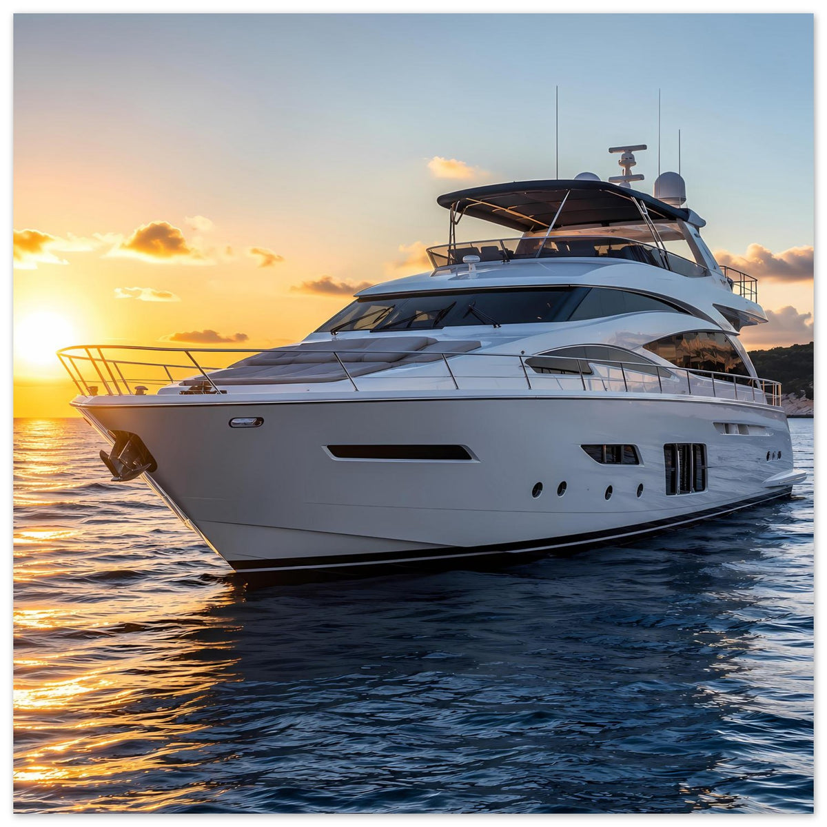 Poster: weiße Yacht im Wasser, Sonnenuntergangsfarben in sanften Blau- und Goldtönen