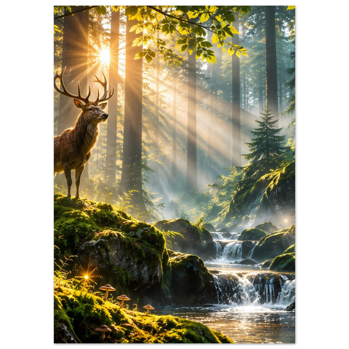 Hochformat-Poster: Hirsch auf moosigem Hang, Wasserfall im Hintergrund, Lichtreflexe am Bach