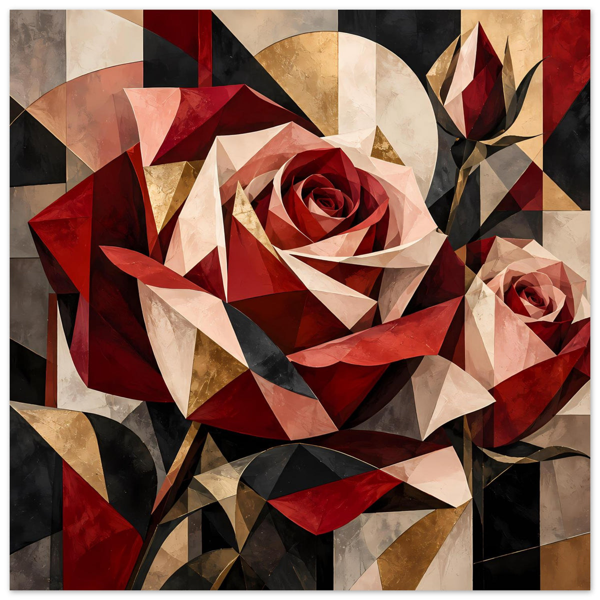 Blumenposter mit geometrischer Rose und Blattformen in Rot, Gold und Beige