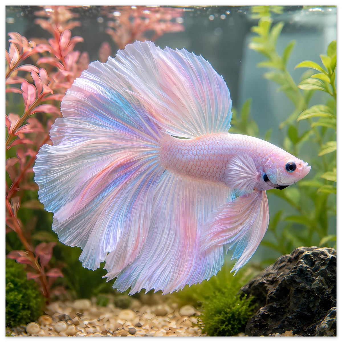 Poster mit Betta-Fisch im Aquarium, rosa-blaue Farbübergänge und breite Schwanzflosse