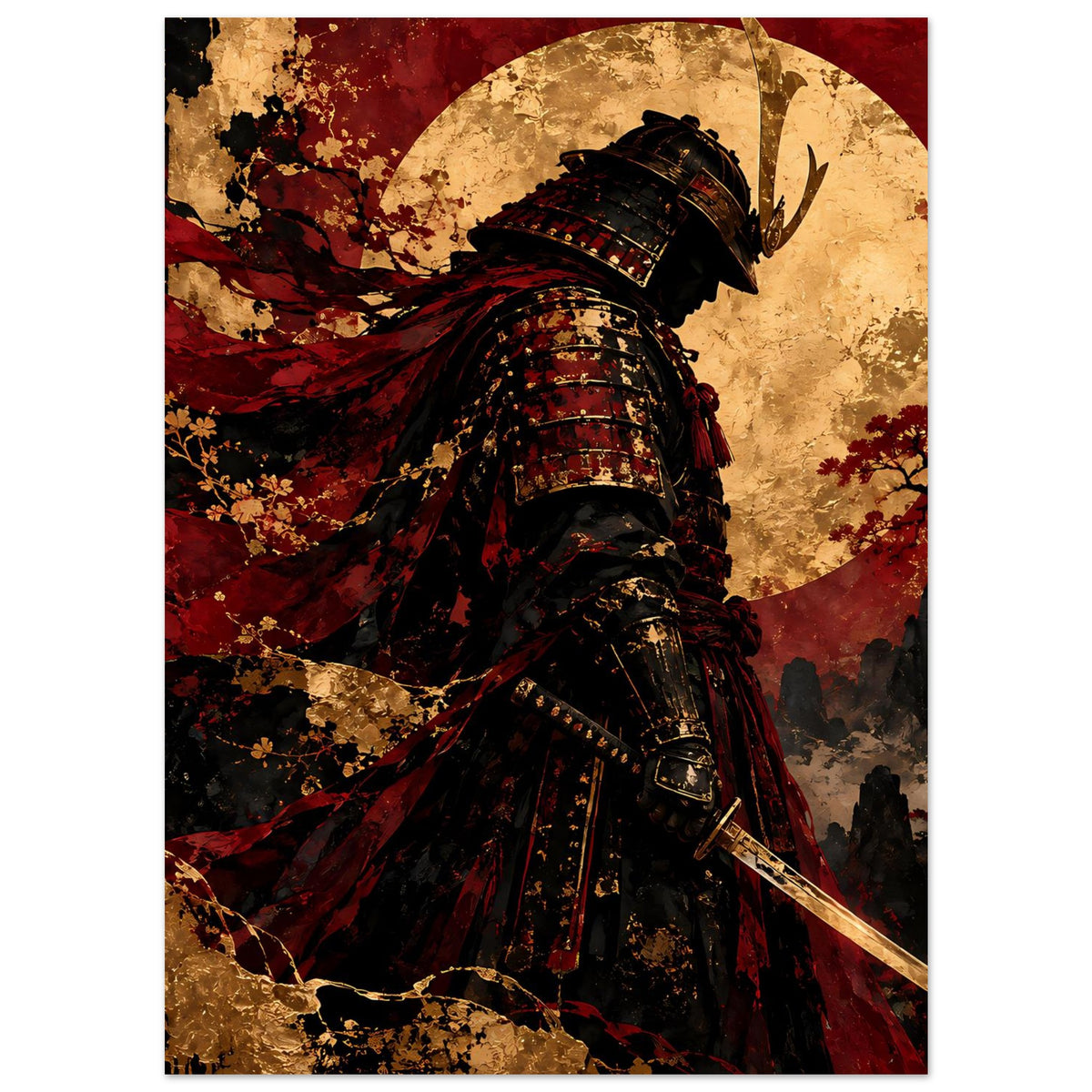 Japan-Poster mit Samurai-Krieger in schwarzer Rüstung, wehender roter Umhang, Katana unten