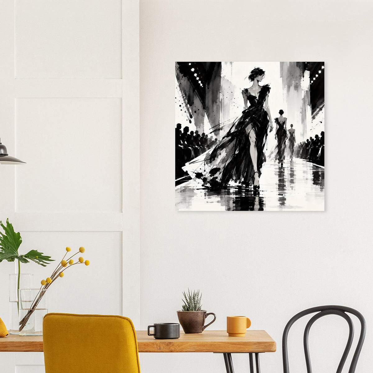 Schwarzweiß-Modeillustrationsposter im Querformat, Frauenfigur mit schwingendem Rock