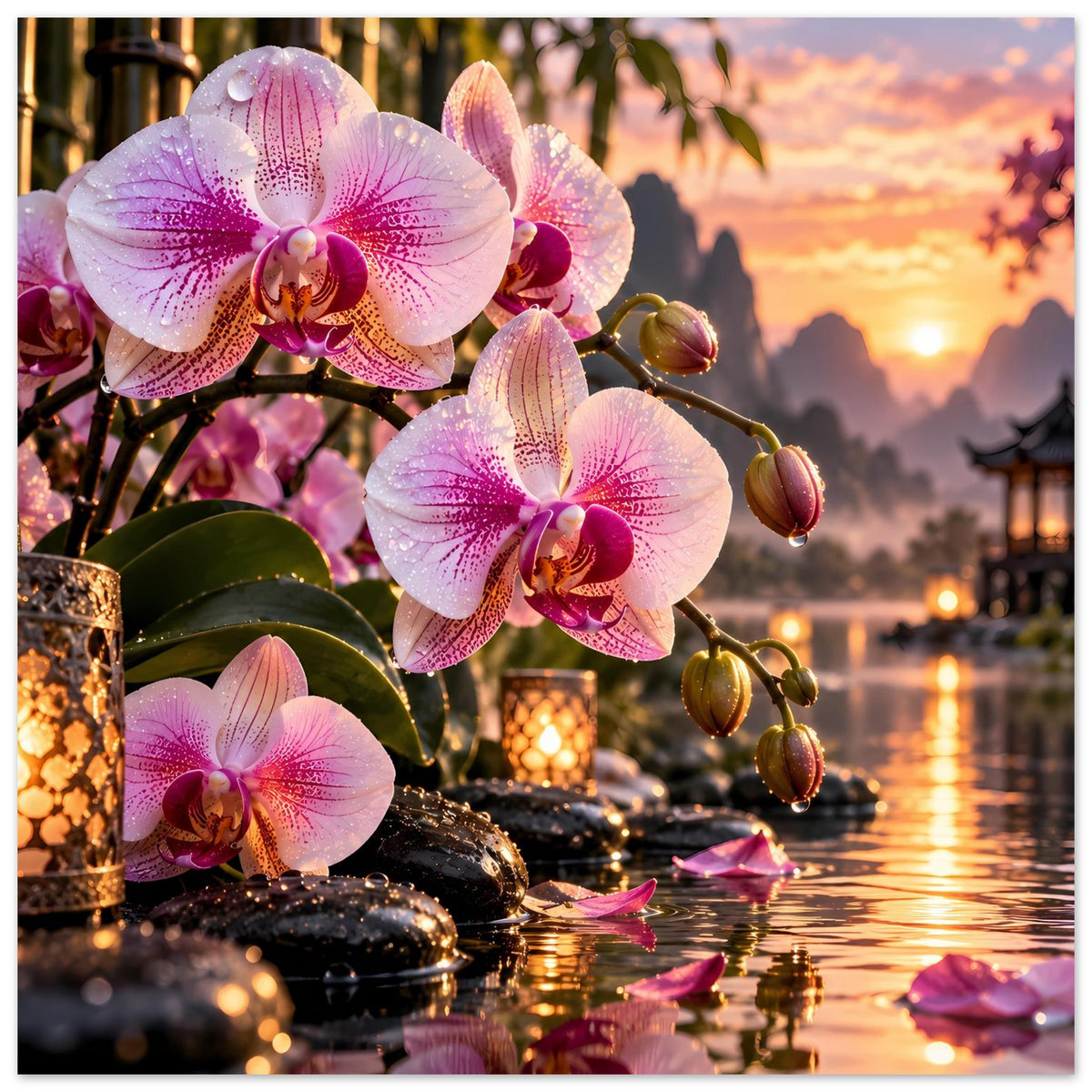 Orchideen-Poster mit rosa Blüten, Kerzen und goldenem See-Reflex am Abend
