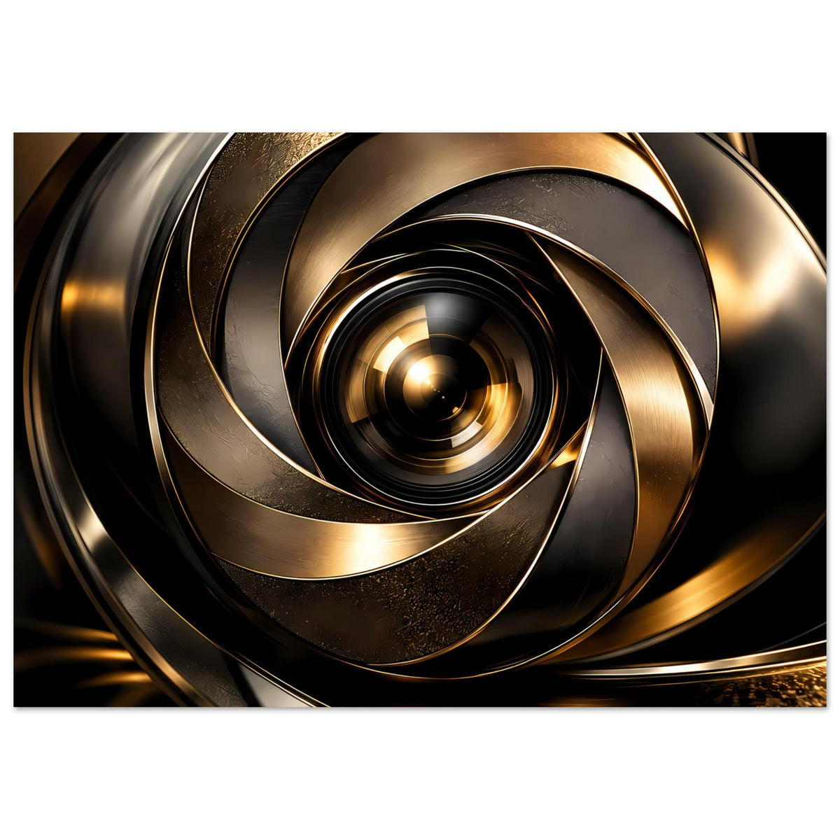 Abstraktes Poster, goldene Spiralform und dunkle Kreislinien im Vordergrund