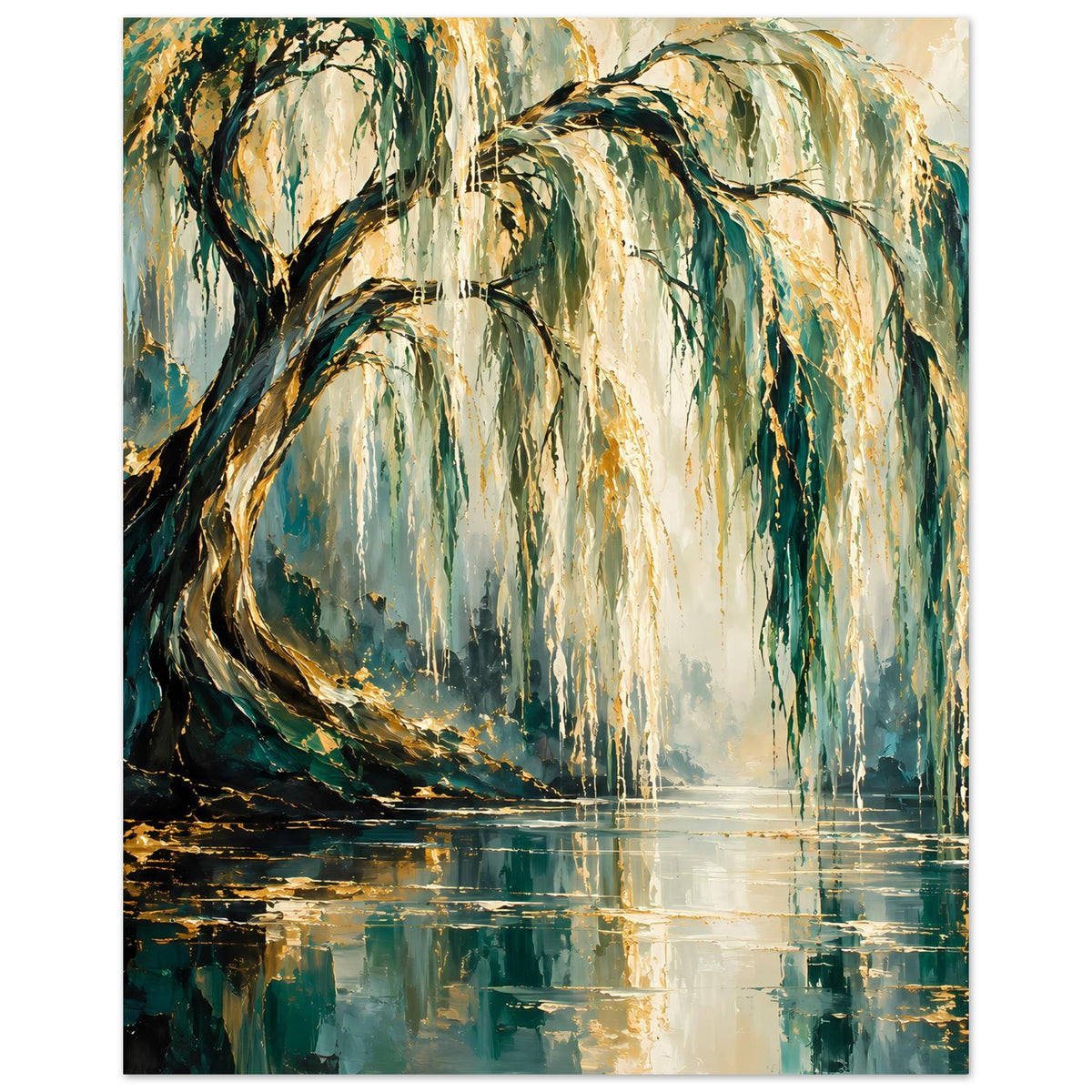 Poster: weinender Baum mit goldenen Akzenten, Grün-Blau-Farben und Wasserreflexion