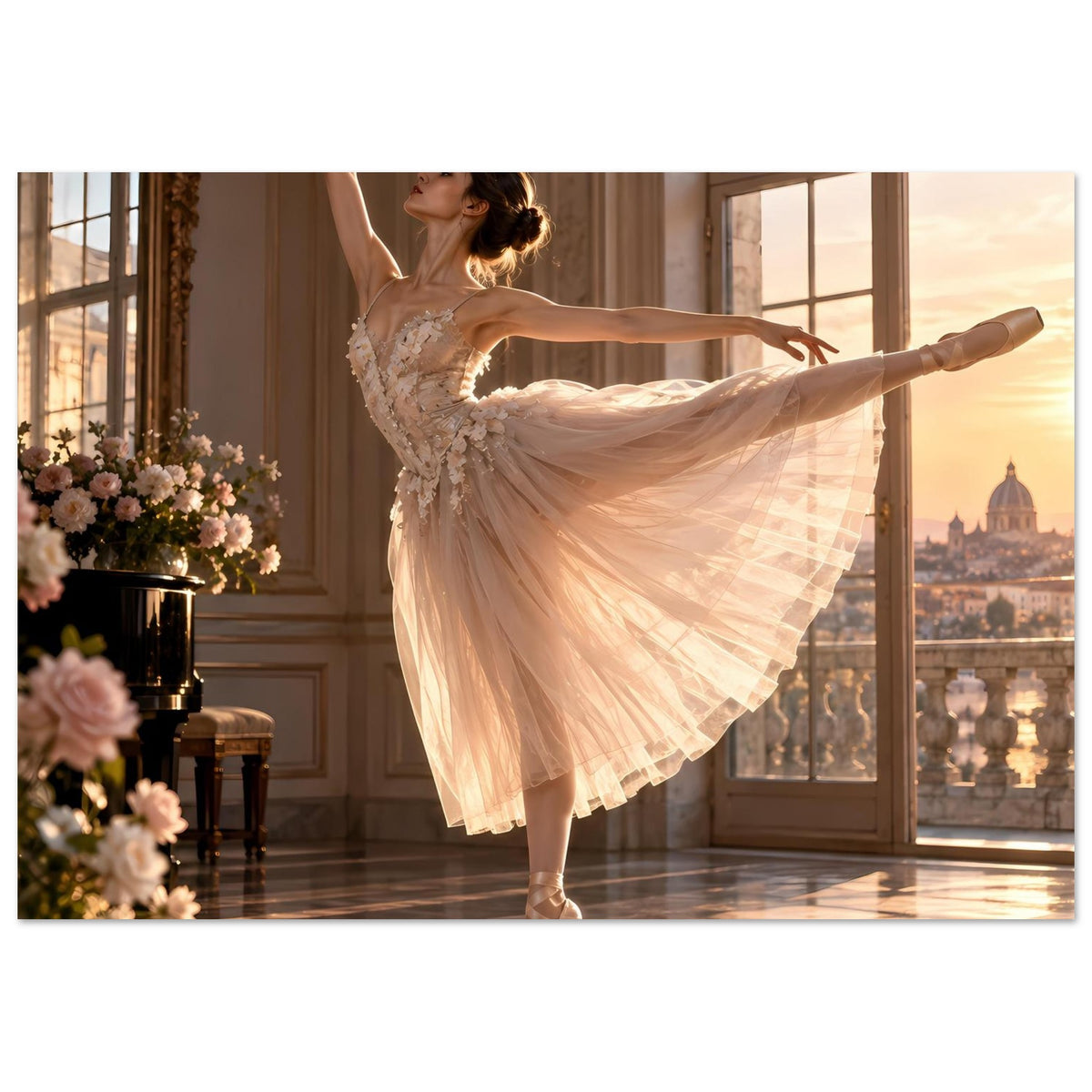 Poster mit Ballerina im hellen Tüllkleid in Drehpose, Fußspitzen, Arme erhoben