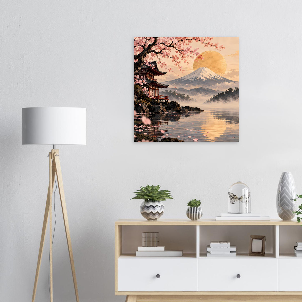 Wandposter mit Kirschblüten, goldenem Berg Fuji und ruhigem See