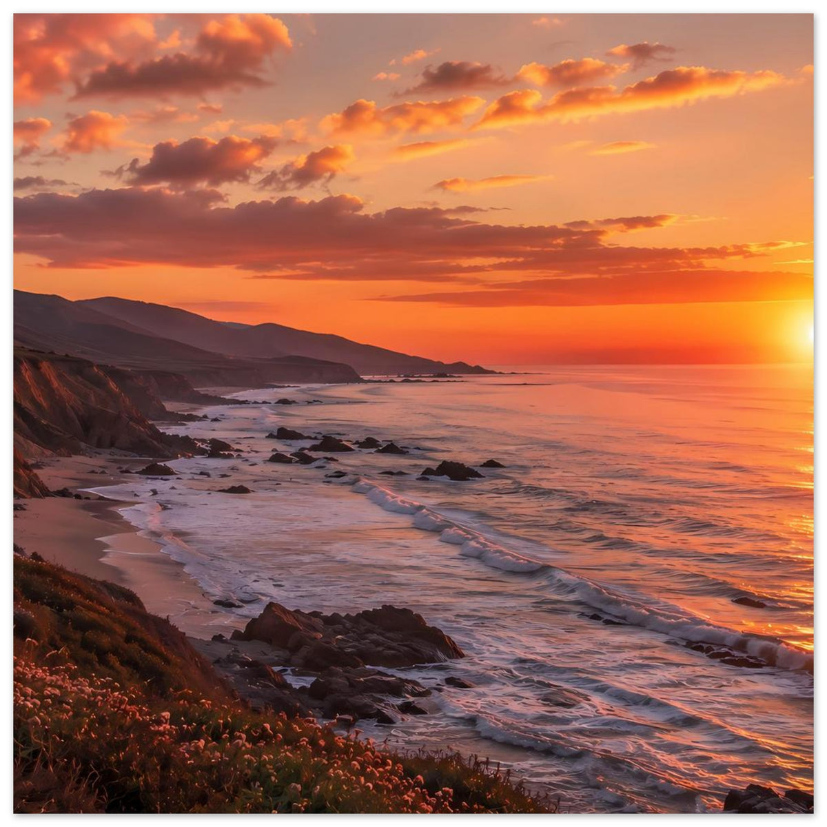 Poster mit Felsenküste und Sandstrand bei Sonnenuntergang, orangefarbener Himmel