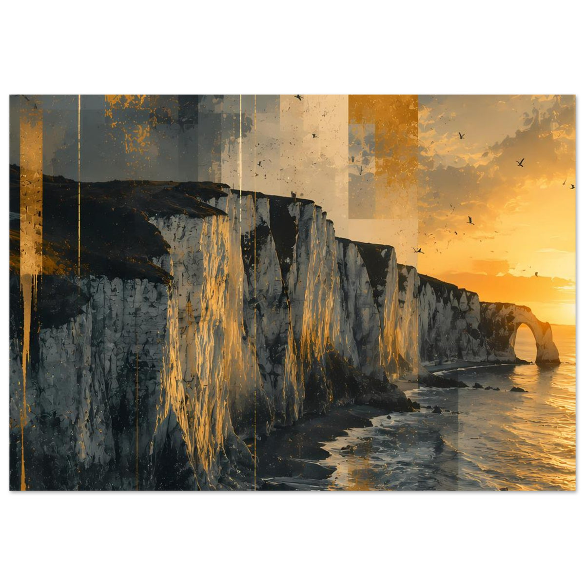 Horizontales Poster: Felsklippen an der Küste, Sonnenuntergang und klare Wasserreflexe