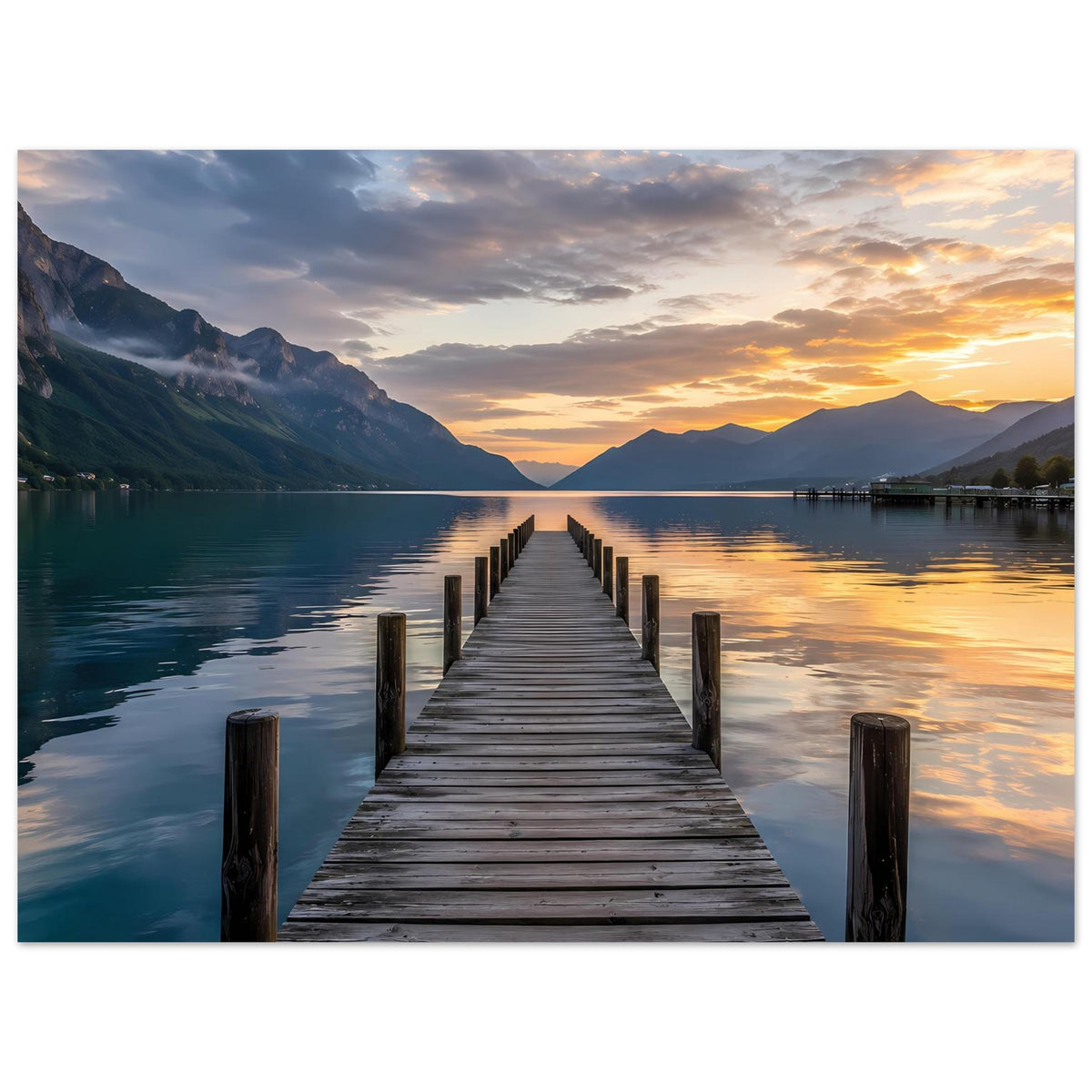 Horizontales Poster: Steg im See bei goldenem Sonnenuntergang, ruhige Wasserfläche