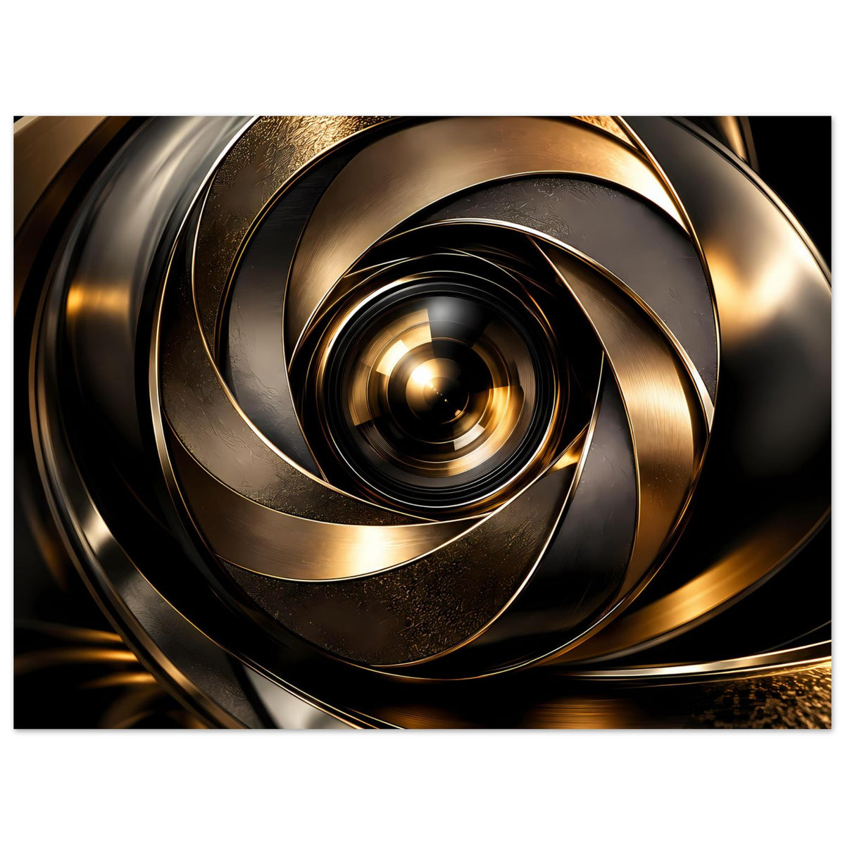 Abstraktes Poster, Nahansicht: goldene Spirale mit dunklen Kreisringen und Sogeffekt
