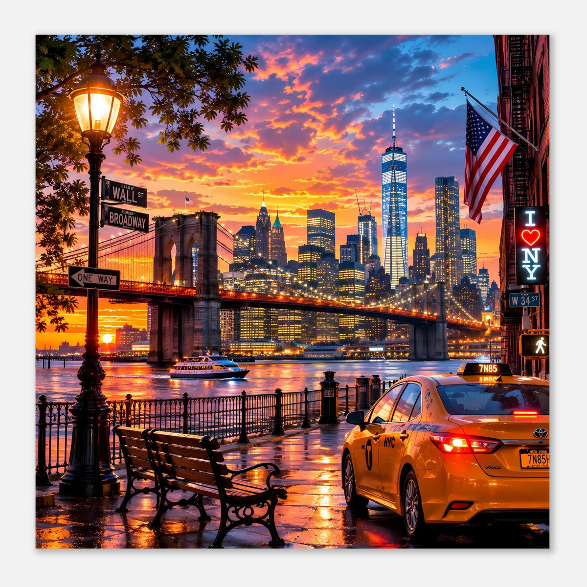 Stadtansicht-Poster mit New-York-Skyline, Bank und gelbes Taxi, Sonnenuntergang am Fluss