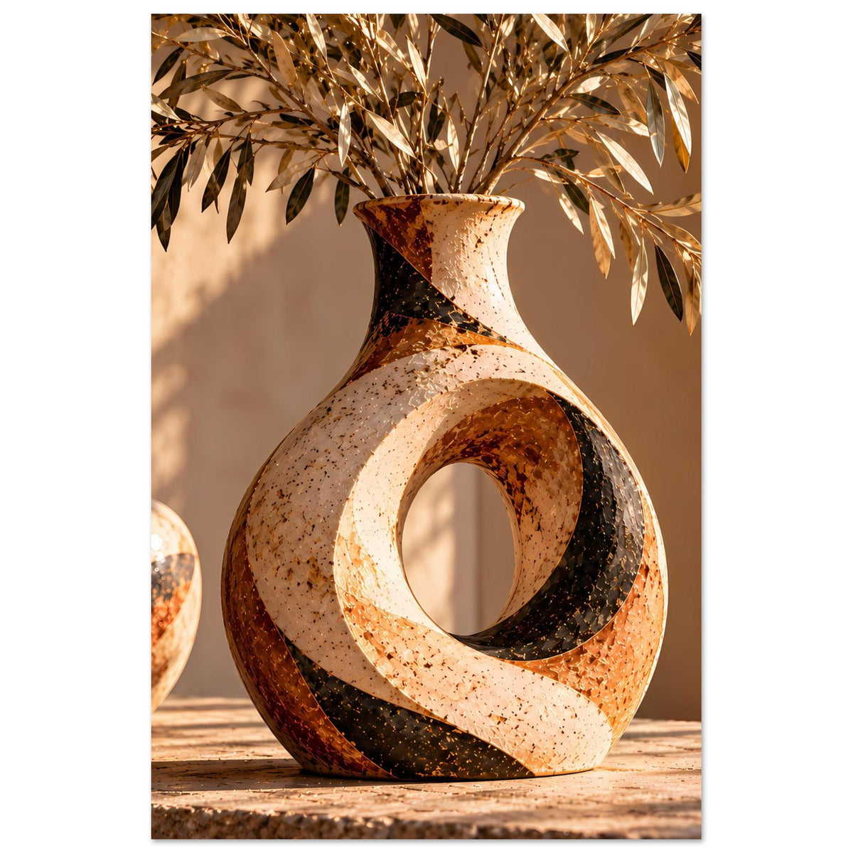Keramikvase mit hohem Hals, warm gesprenkelter Oberfläche und ovalem Durchbruch