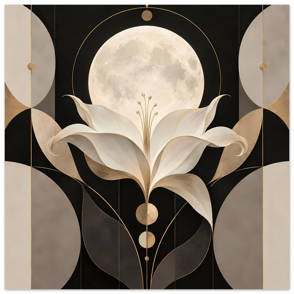 Art-déco-Poster mit Mond und cremefarbener Lilie auf schwarzem Grund