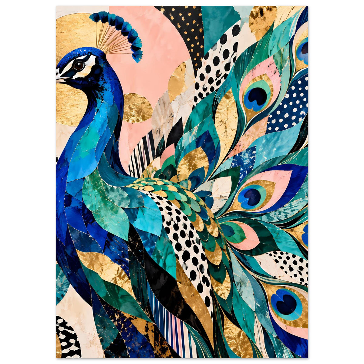 Kunstposter mit Pfau in Blau und Türkis, grüne und goldene Federakzente, bunte Ornamente