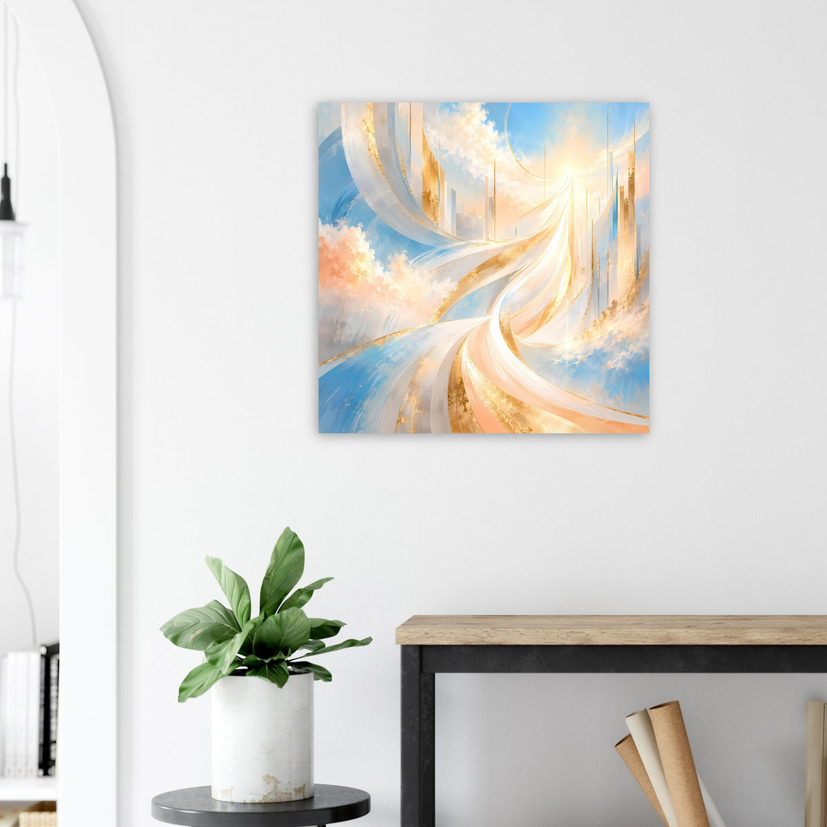 Abstraktes Poster mit goldenen Wolkenwirbeln und blauem Hintergrund