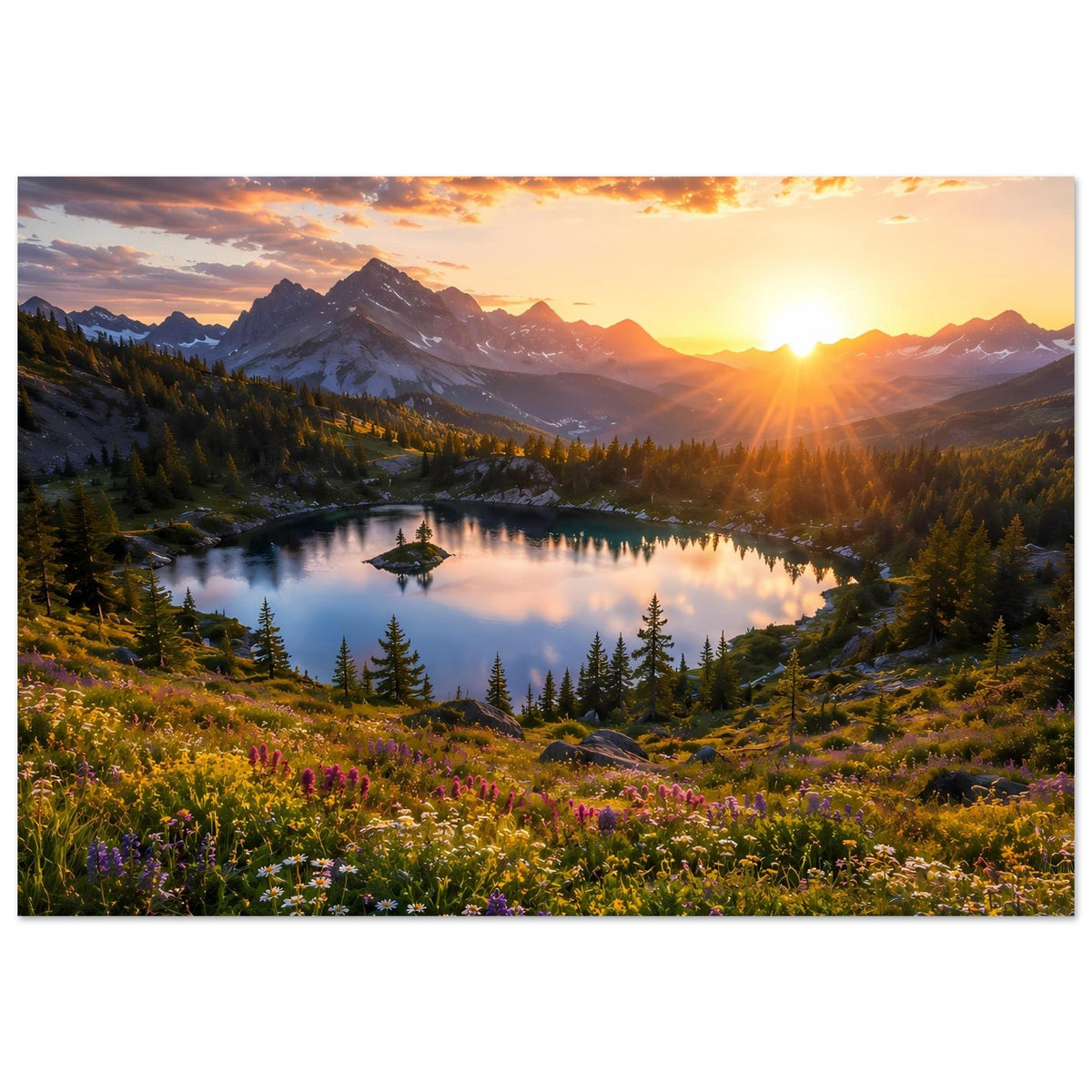 Horizontales Poster: Bergsee mit Spiegelbild, Berge, Sonne und Blumen am Ufer