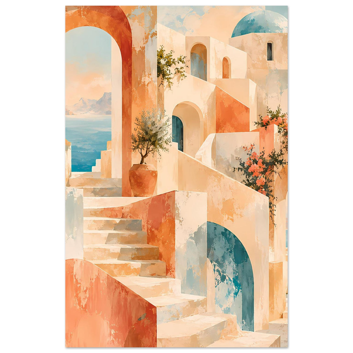 Kunstposter mit mediterranen Gassen: Treppe, Rundbögen, orange und blaue Akzente