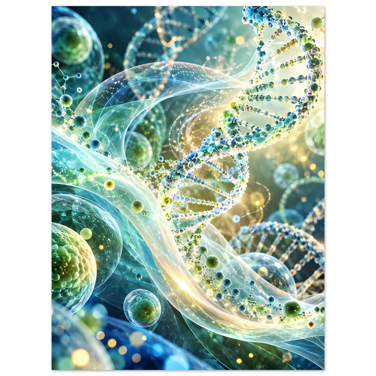 Biotechnologie-Poster mit leuchtender DNA-Doppelhelix, grünen Partikelperlen und schwebenden Kugeln