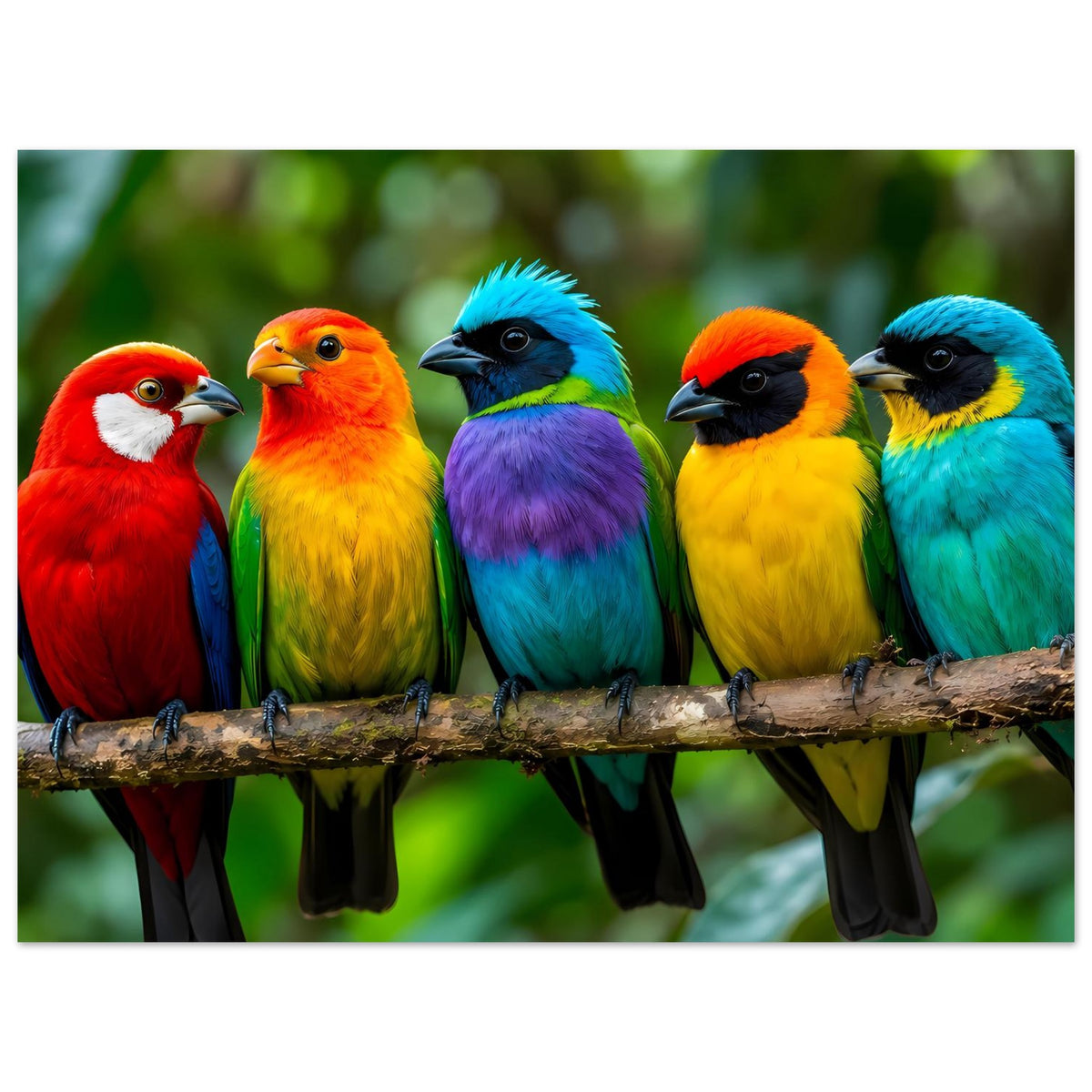 Poster mit tropischen Vögeln auf einem Ast, kräftige Farben im Nahblick