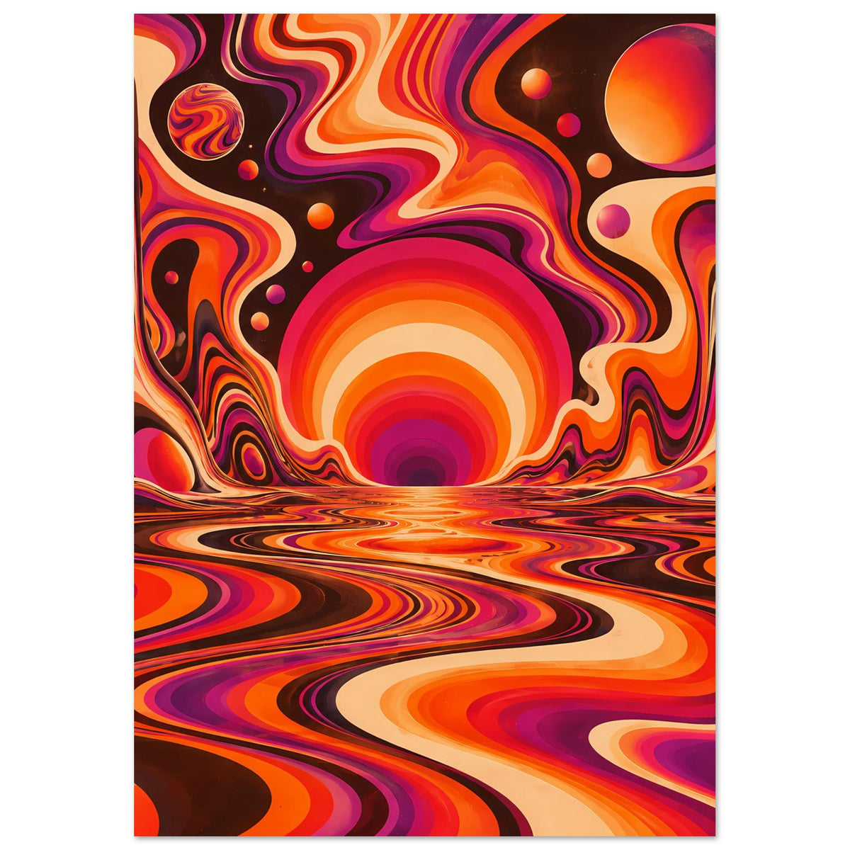 Vertikales Poster mit orange-violetten Farbswirls, große runde Sonne und welliger Boden