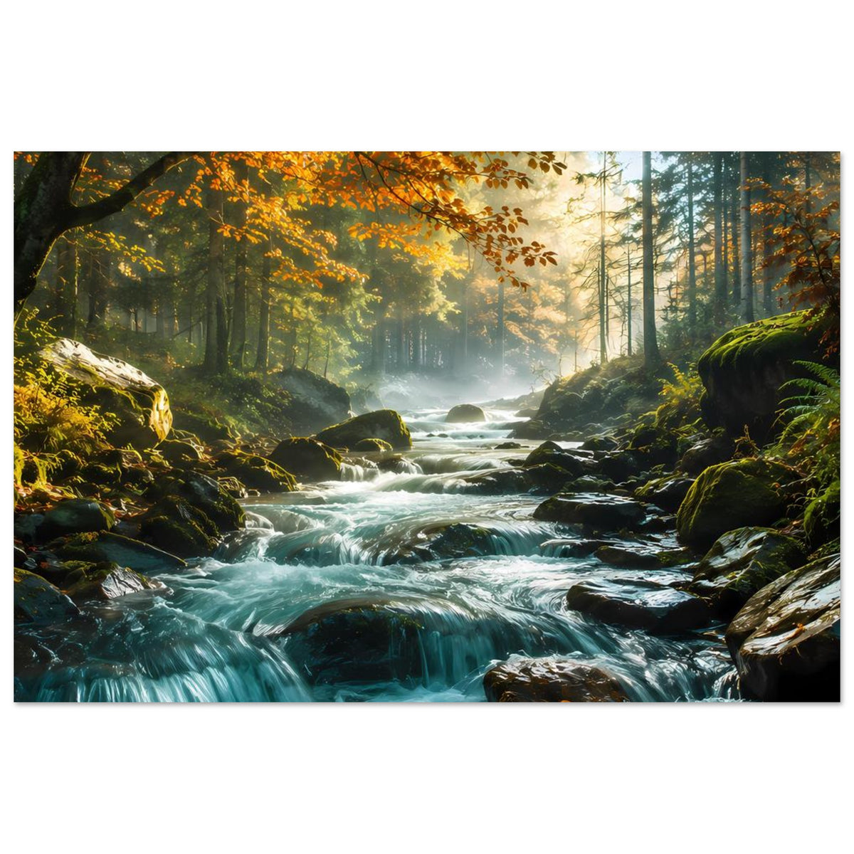 Poster Waldstrom mit mehr Fokus auf das fließende Wasser, moosige Felsen, matte Oberfläche