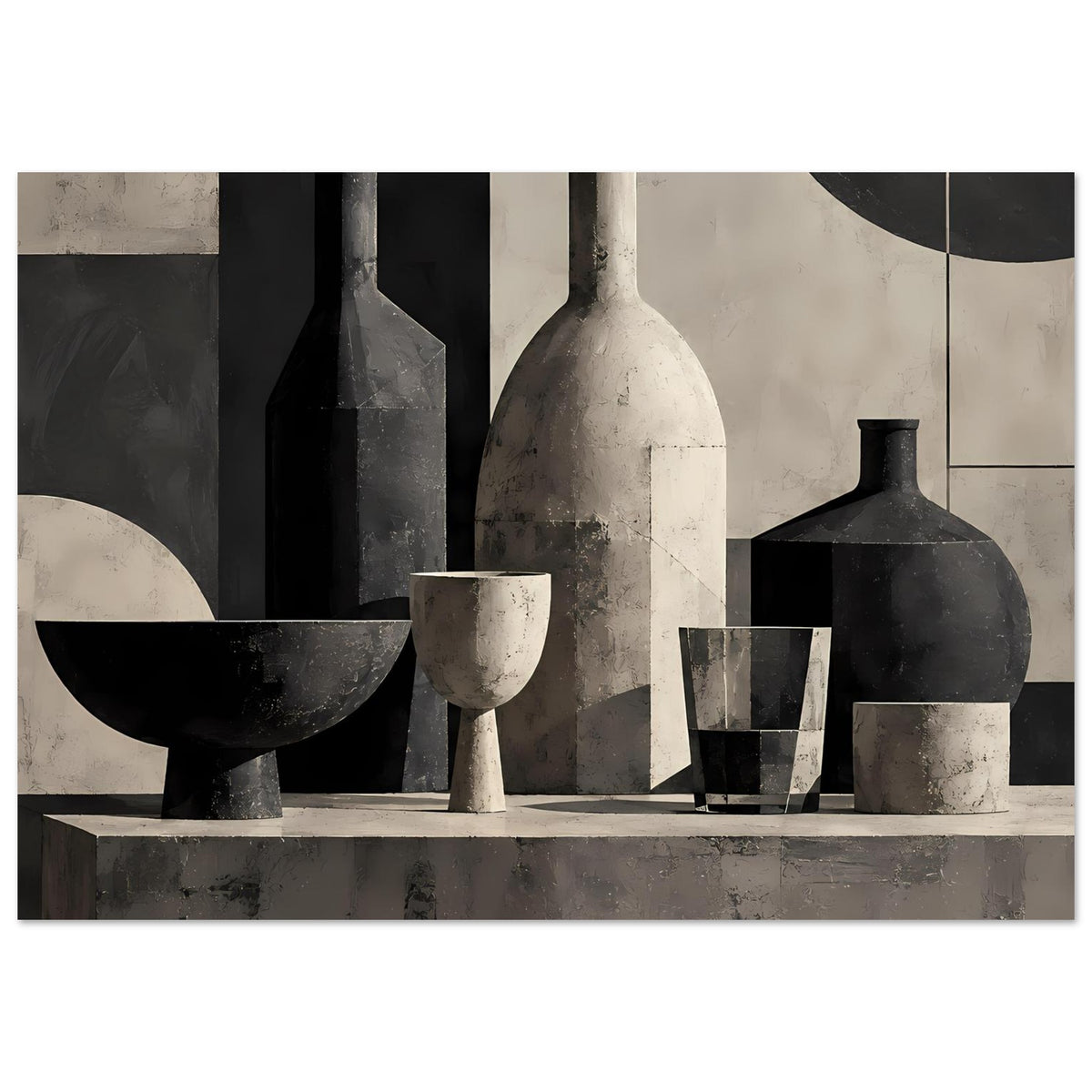 Still-Life-Poster mit schwarzen und beigen Vasen, Krügen und Gläsern auf einer Leiste