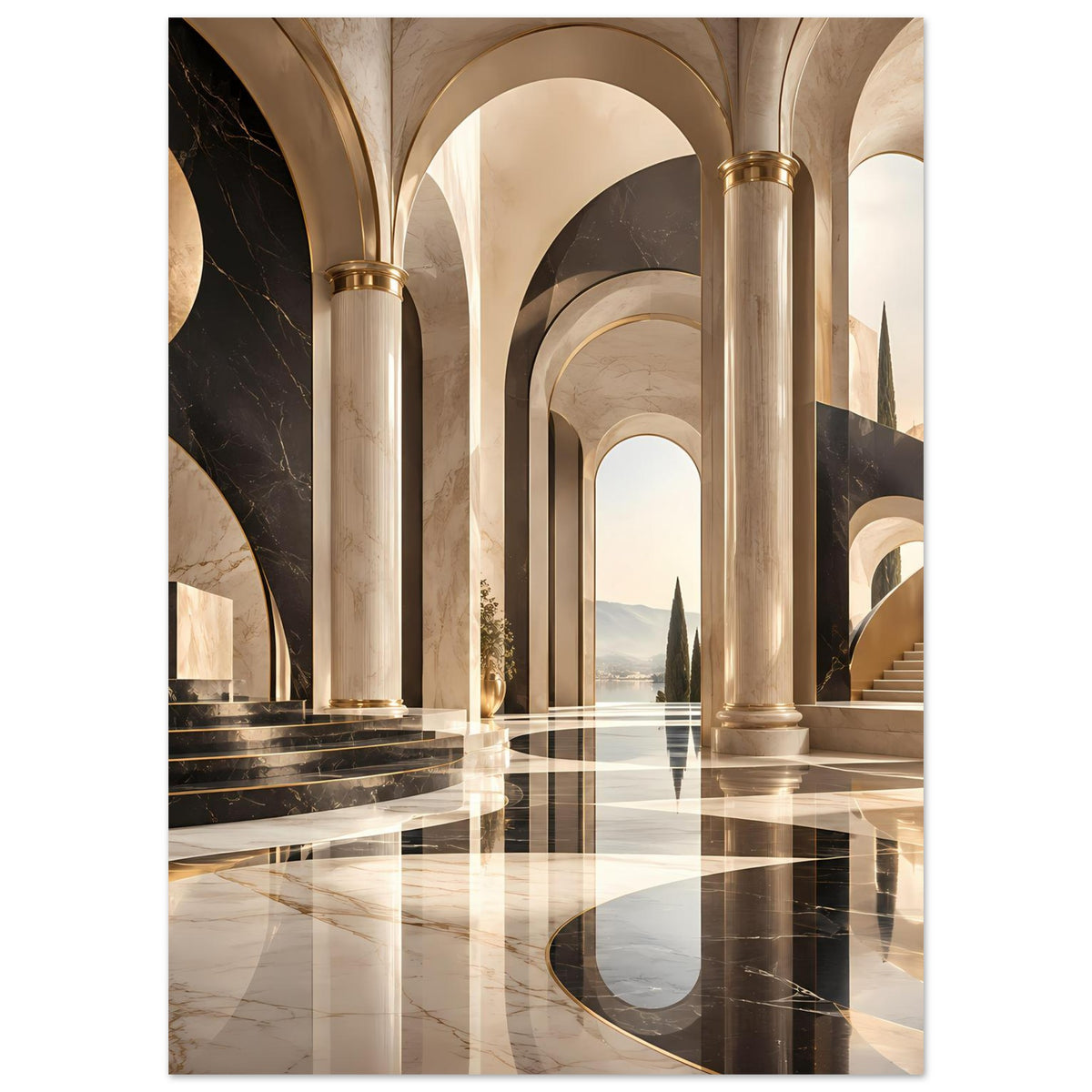 Architektur-Poster mit Marmoreffekt, goldene Säulen und dunkle Bögen im Flur