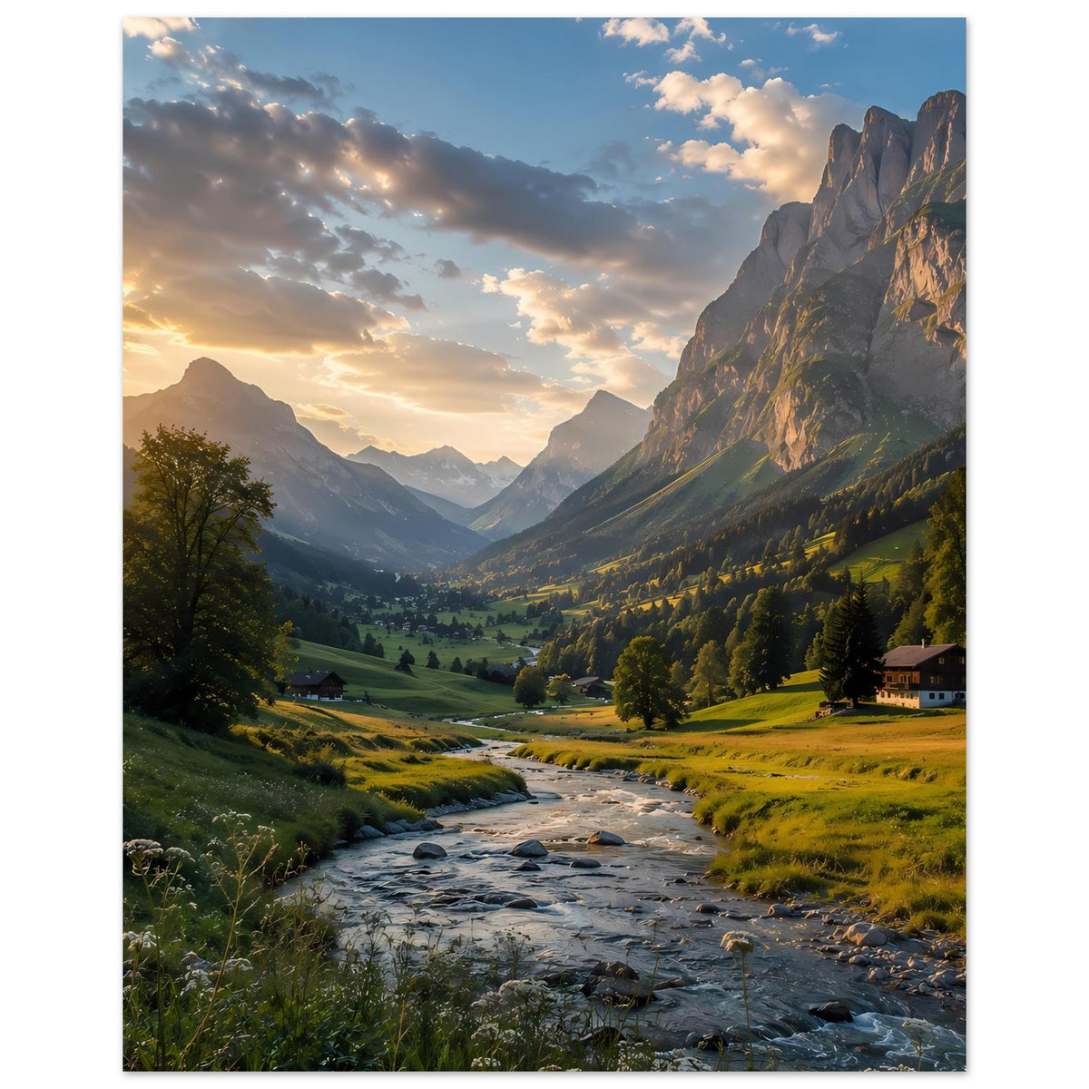 Poster im vertikalen Format: Landschaft mit Fluss, Wiesen und hohen Bergen