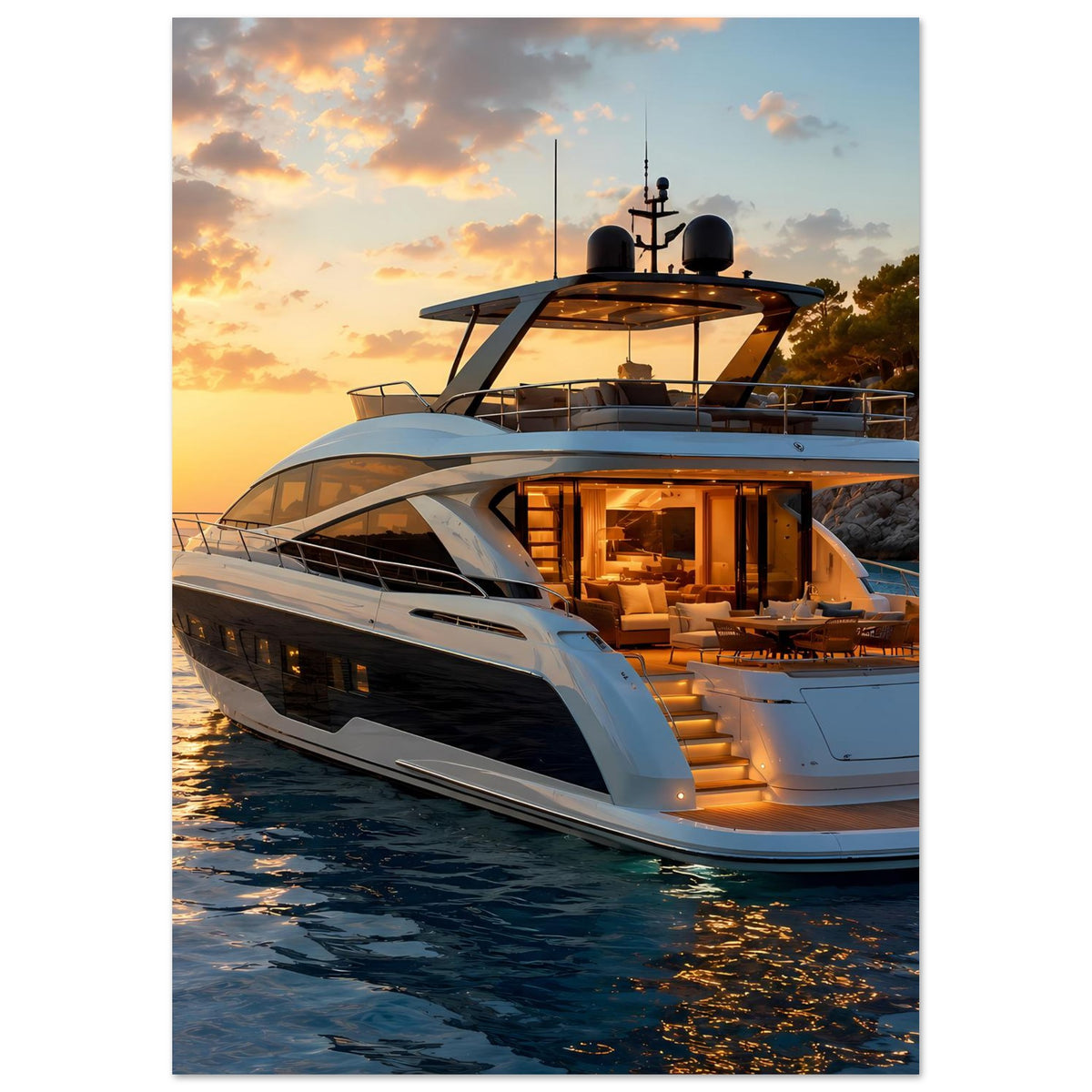 Poster: Luxus-Motoryacht mit beleuchtetem Deck und dunklem Steuerstand