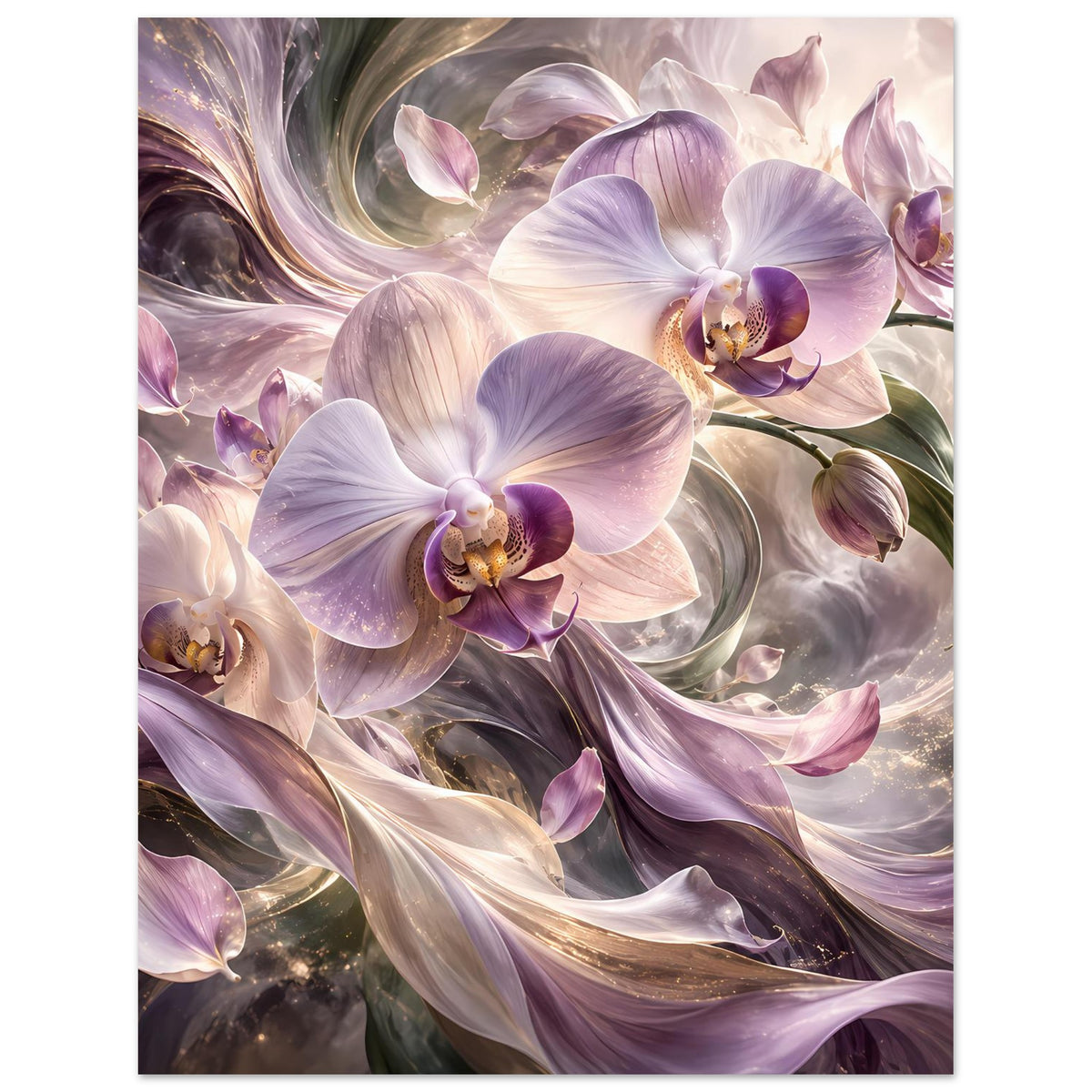 Blumenposter mit großen creme-violetten Orchideenblüten und rankenden Blättern