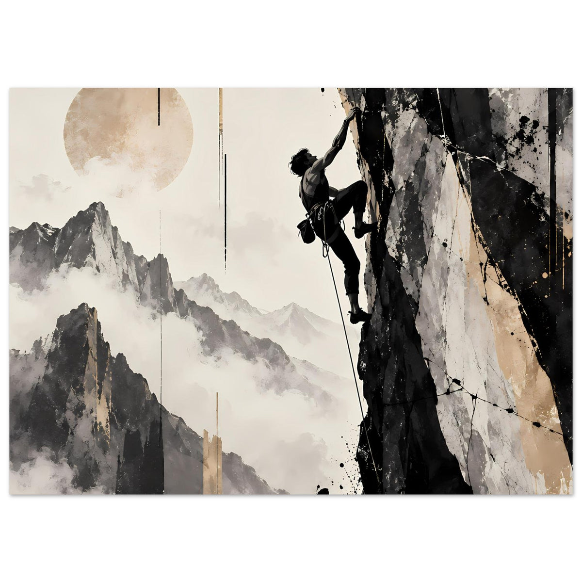 Horizontales Poster mit Bergsteiger-Silhouette, Berggipfel, dunkle Felswand mit Spritzern