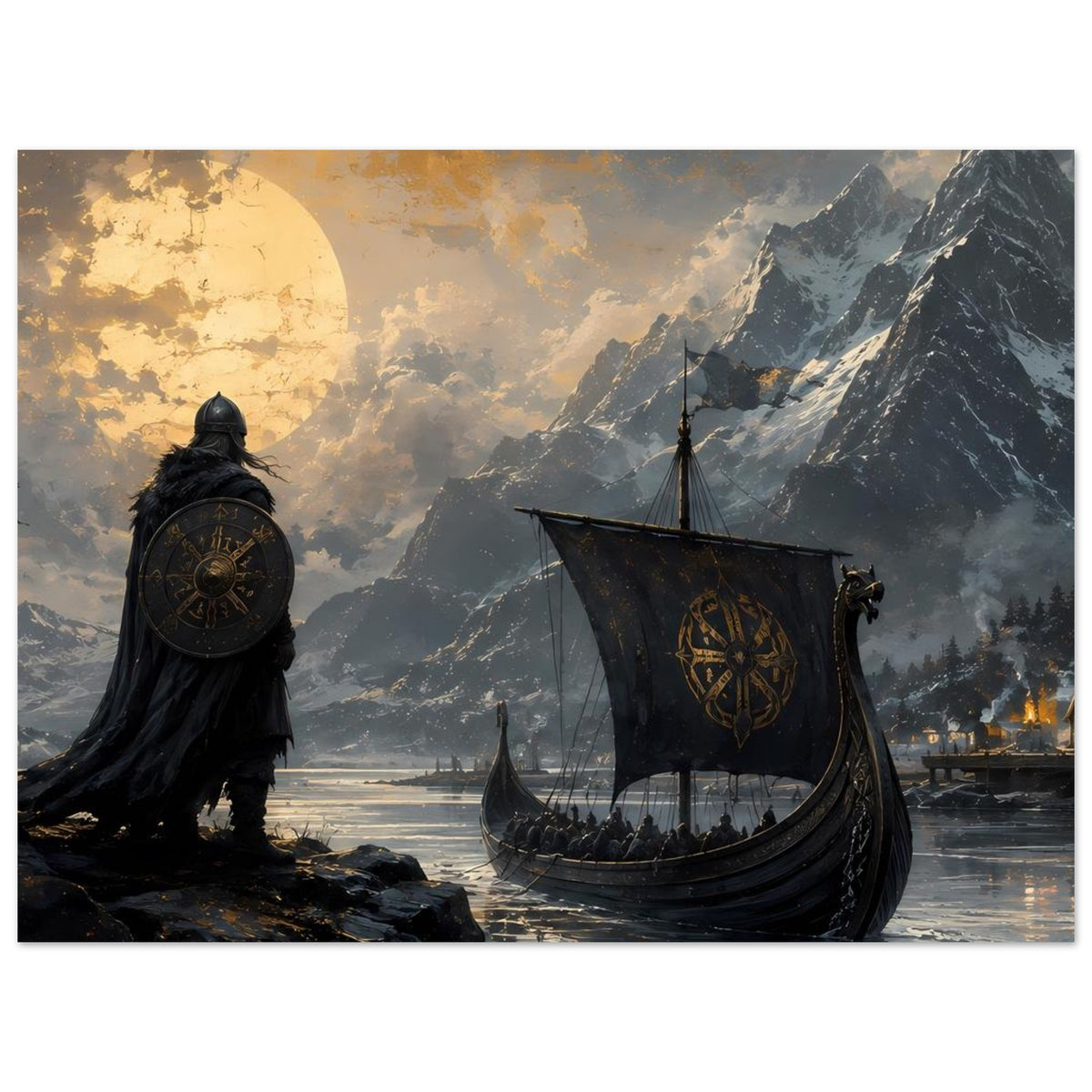 Wikinger-Poster: Drachenboot mit Segeln, Viking mit Schild und Blick auf schneebedeckte Berge